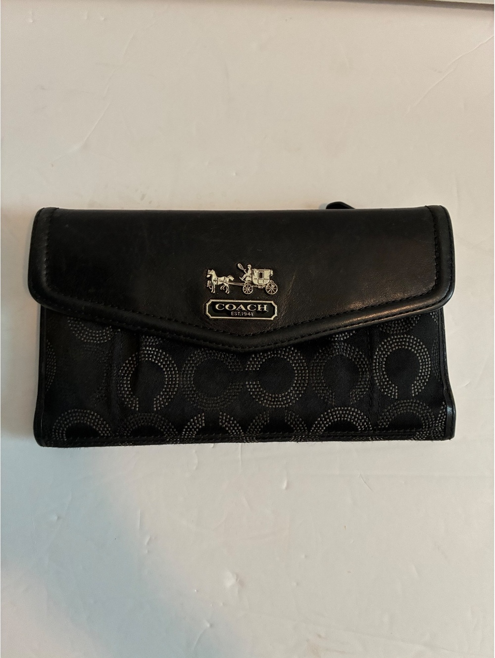 Coach Signature Black Leather and Fabric Trifold Wallet with Pink Interior